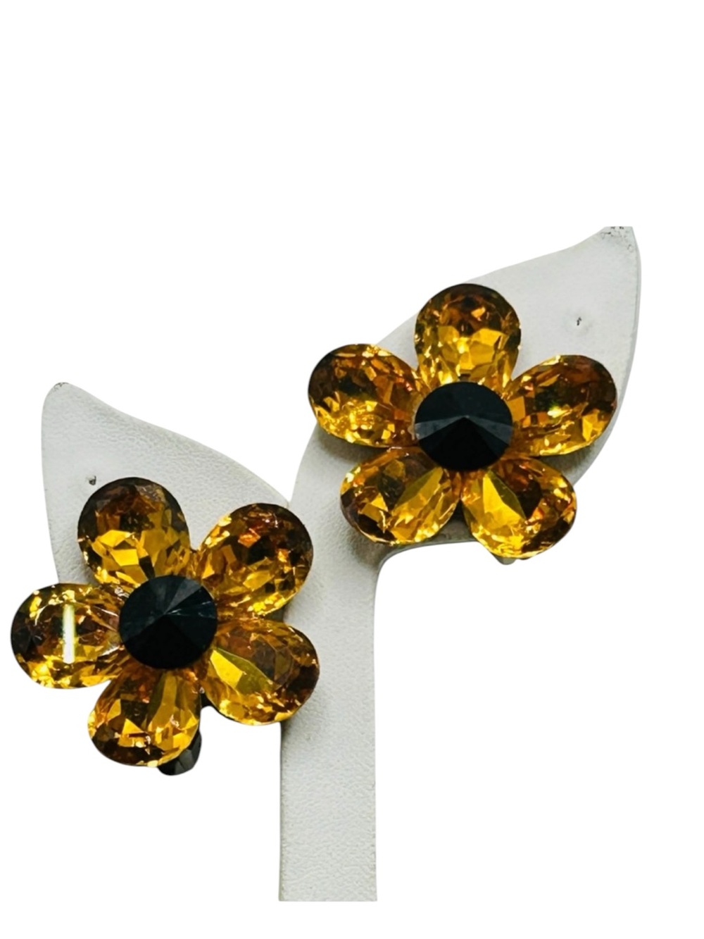 Vintage 1980’s Huge Golden Topaz Black Rivoli Flower Earrings